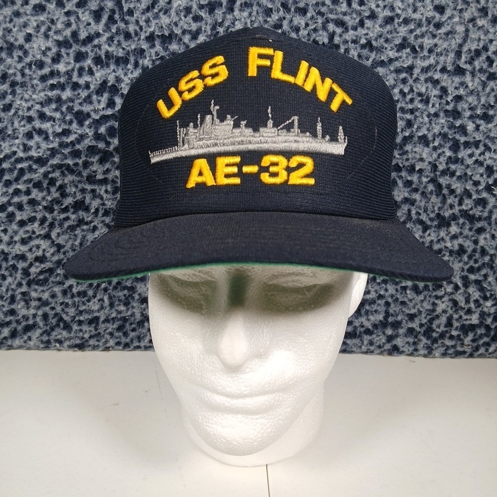 Vintage USS Flint AE-32 Navy Blue Snapback Hat Military Made in USA